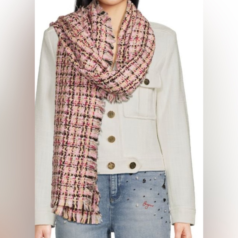 KARL LAGERFELD PARIS Tweed Fringe Scarf Fuchsia NWT